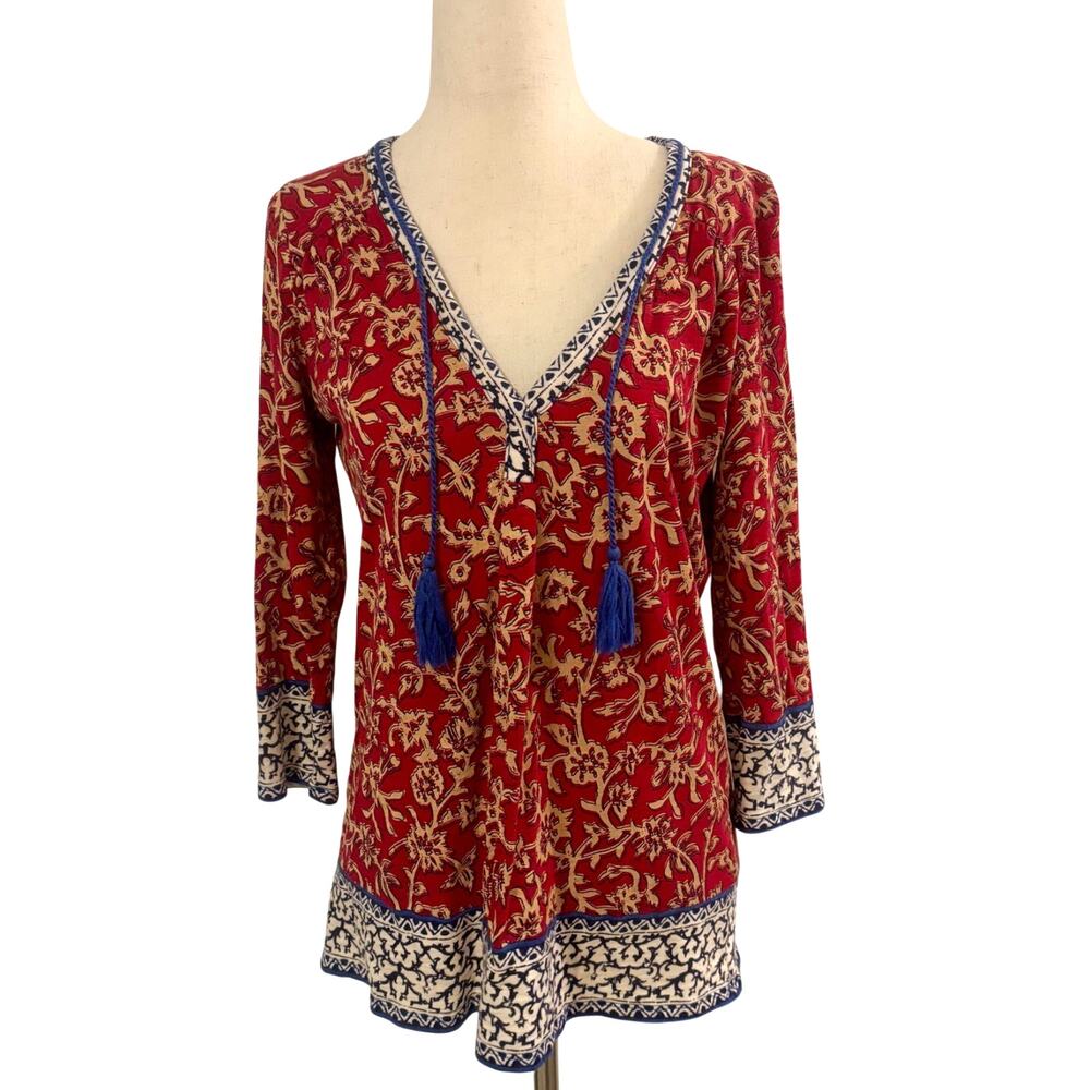 Lucky Brand Boho Floral Tunic Top XS Red Blue Tassel Tie V Neck‎ Long Sleeve